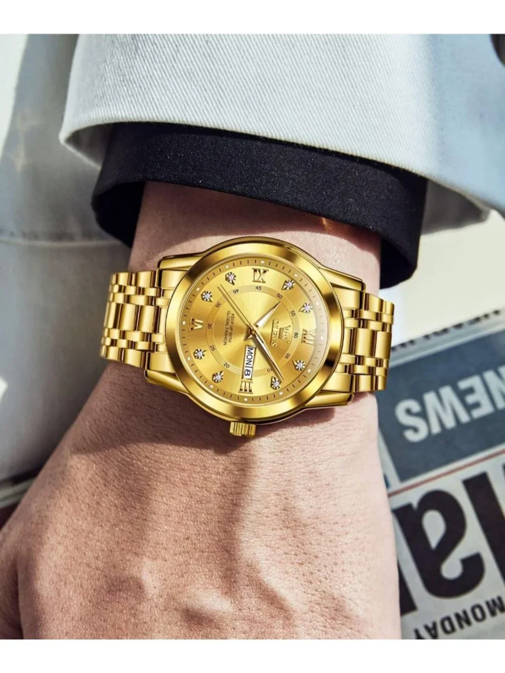 Olevs Men's Gold Diamond Wrist Quartz Stainless Steel Luminous Luxury Watch